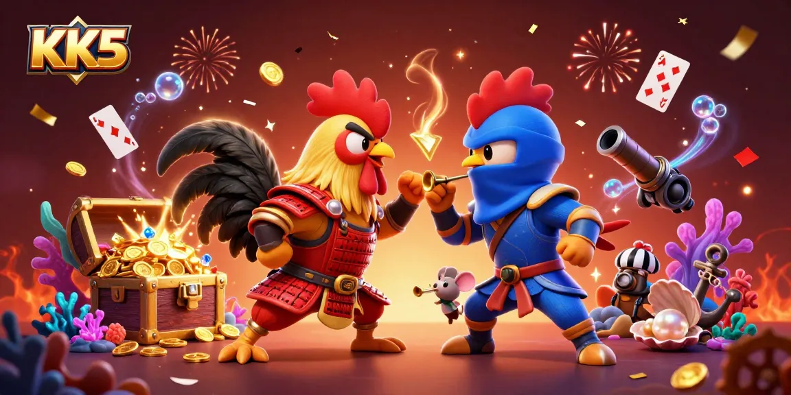 Engage in thrilling moments at KK5 with fighting roosters amidst a rich casino backdrop.