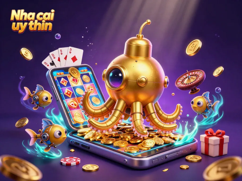 Nha cai uy tin showcases a golden kraken submarine amidst coins, illustrating thrilling casino gameplay.