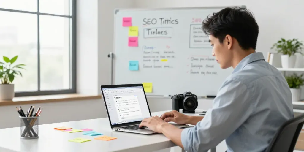 Marketing professional generating SEO titles with AI in a vibrant office.