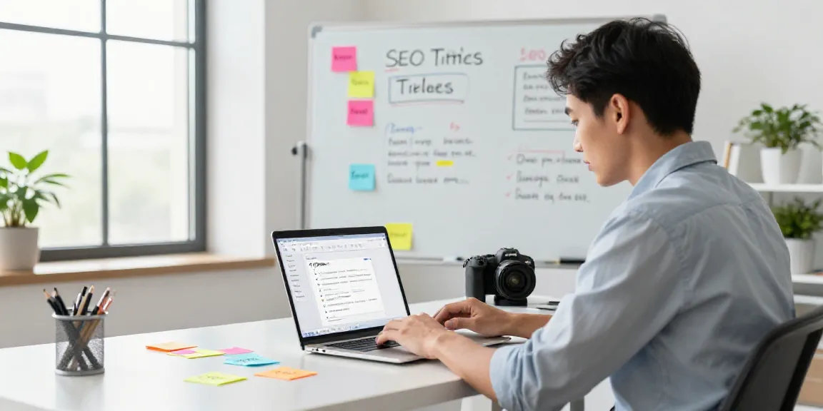 Marketing professional generating SEO titles with AI in a vibrant office.
