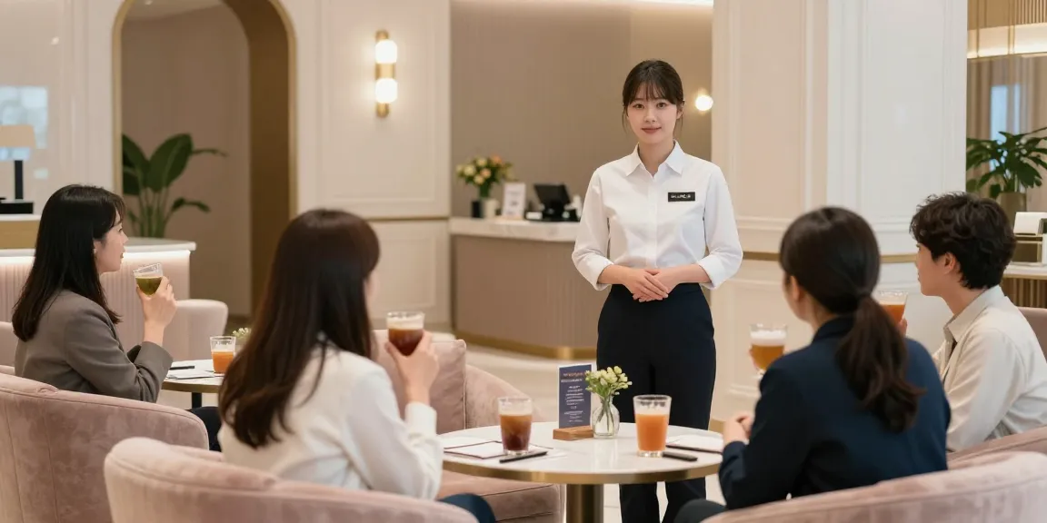 Elegant interior of 파주op service lounge with welcoming manager and guests enjoying the ambiance