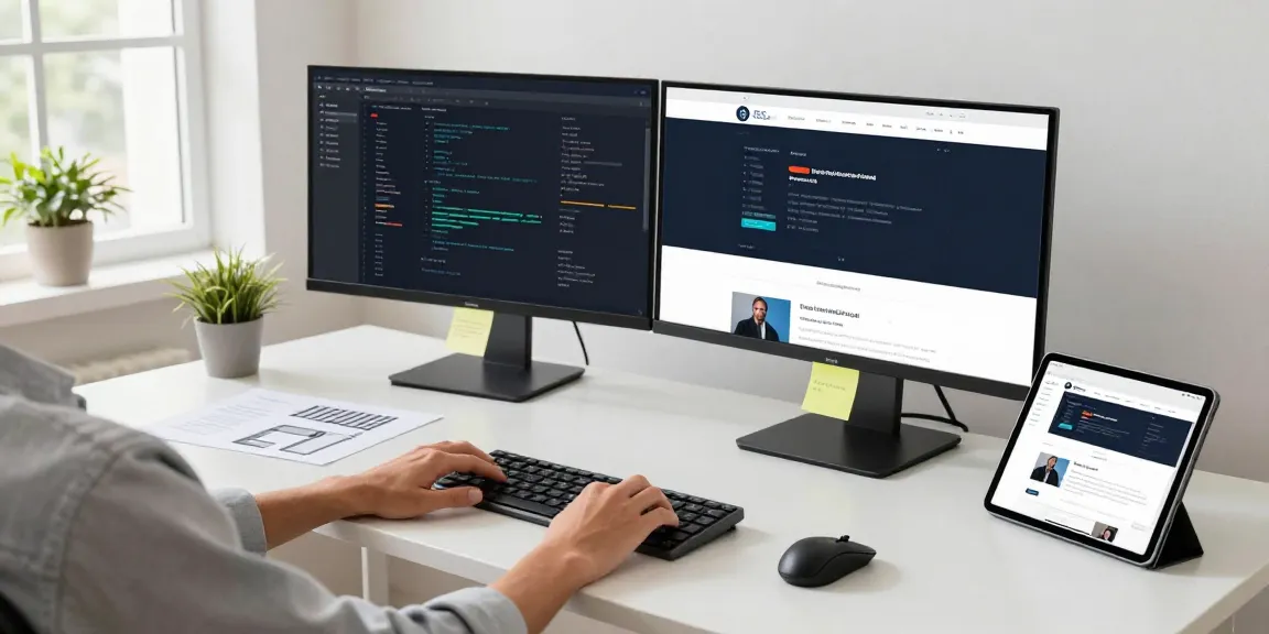 Person developing a homepage in a bright modern office with dual monitors.