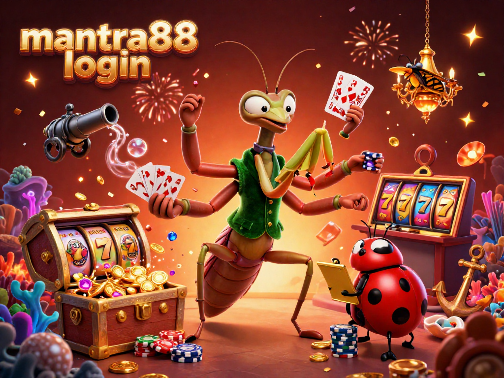 Experience wins and excitement with mantra88 login in a vibrant 3D casino illustration.