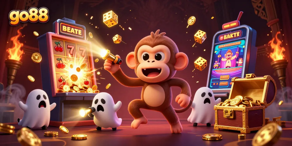 Experience the thrill of go88's haunted casino with a playful poltergeist monkey and a brave puppy!