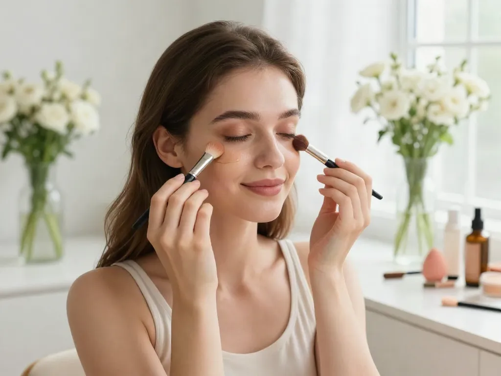 Frau beim Augenringe abdecken mit Concealer und Make-up-Produkten am Schminktisch.