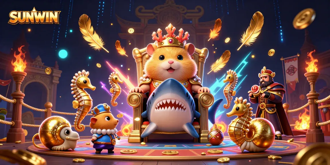 SUNWIN offers top-tier gaming with a golden hamster king on a megalodon throne in a casino setting.