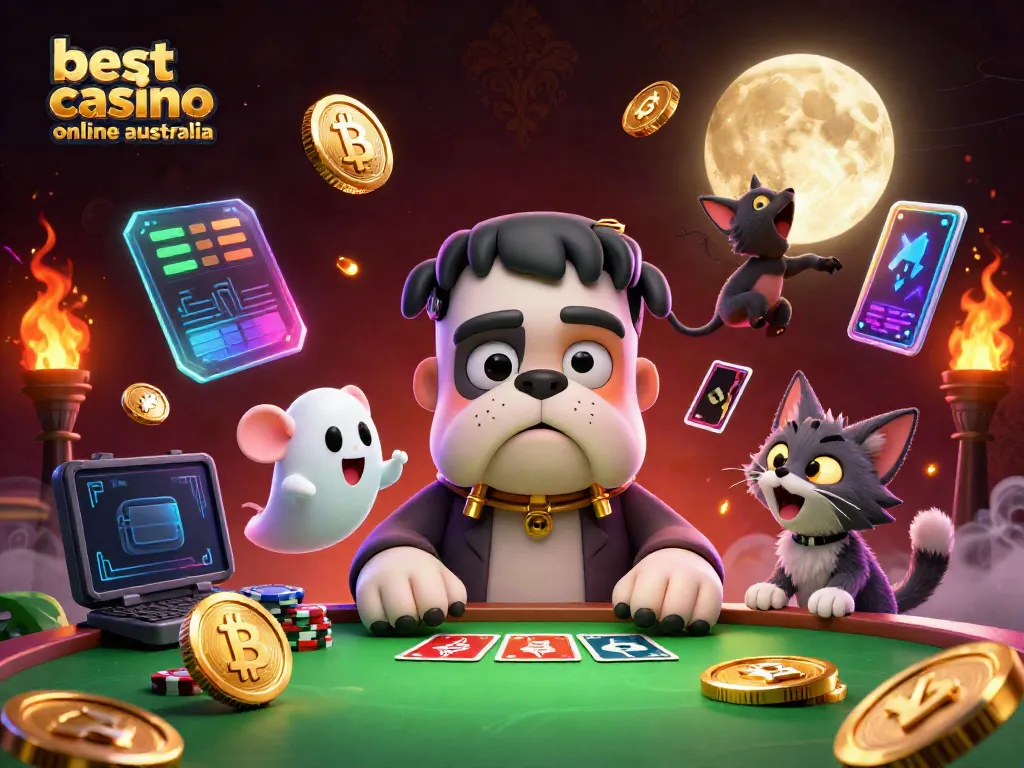 Engage in the best casino online Australia with a lively 3D scene of a bulldog dealer, ghost mouse, and werewolf kitten.