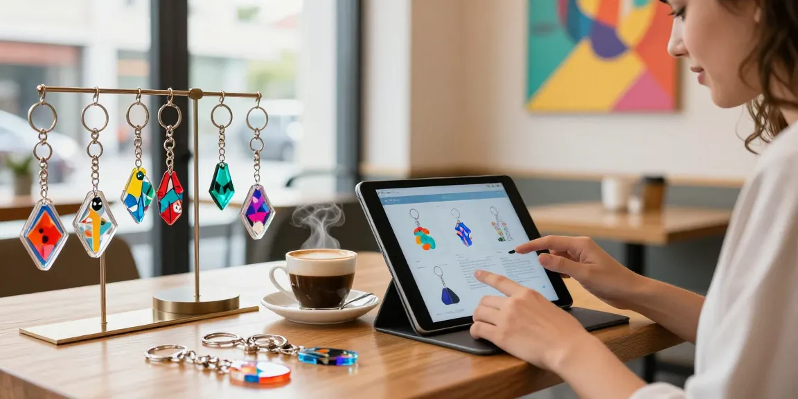 A stylish café scene showcasing a person exploring custom Acrylic Diamond Keychains on a tablet, colourful keychains on display.