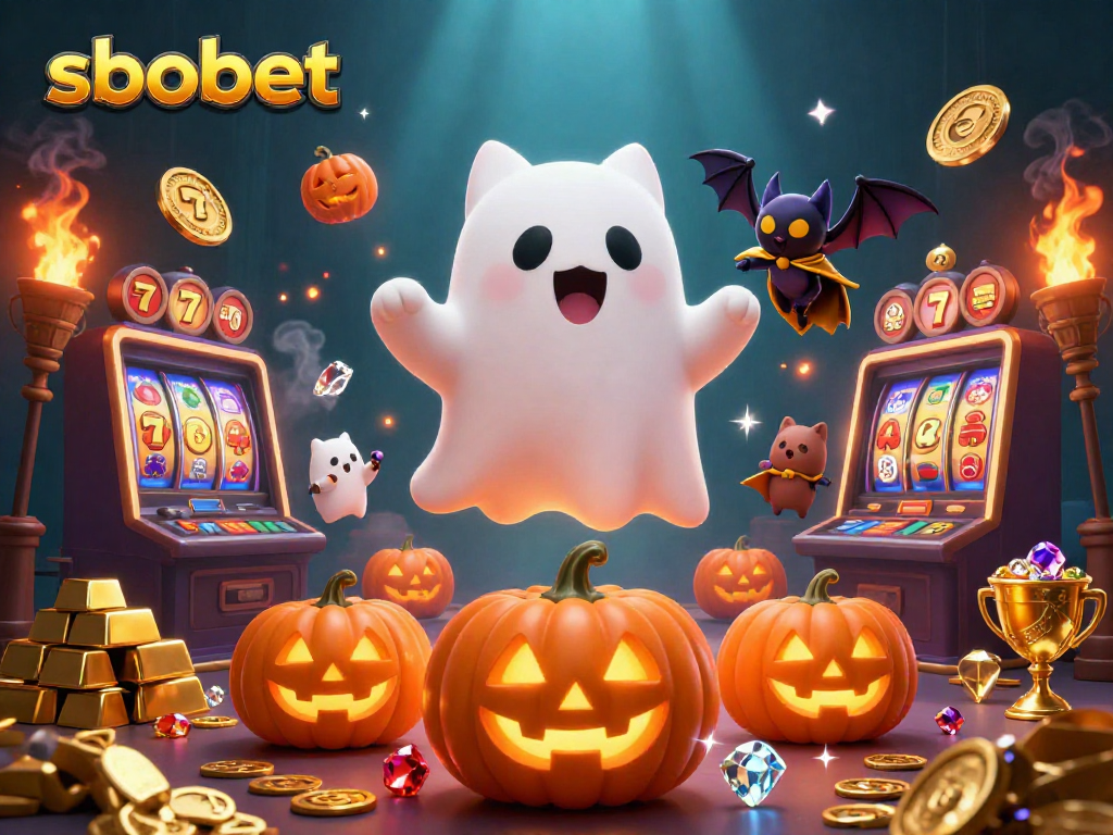SBOBET sports betting scene with vibrant ghost cat, treasure vault, and glowing poker-themed jack-o-lanterns.