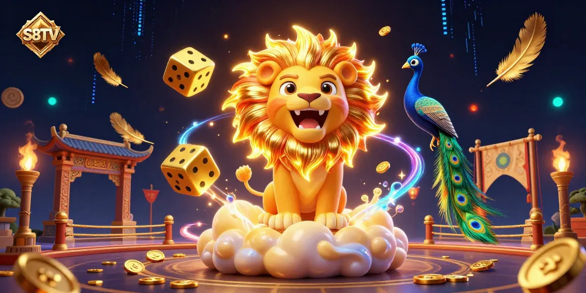 S8TV offers thrilling winning opportunities with a vivid 3D lion gambling illustration showcasing enchanting game elements.