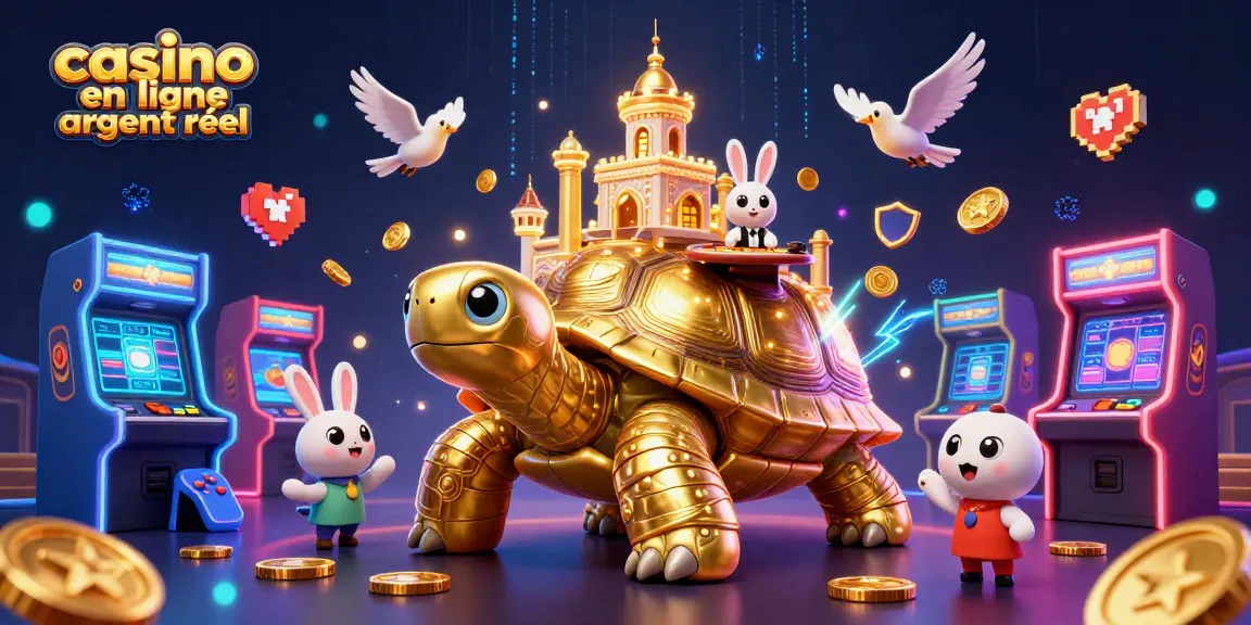 Jouez à casino en ligne argent réel avec une tortue dorée, un croupier lapin et des machines à sous colorées.
