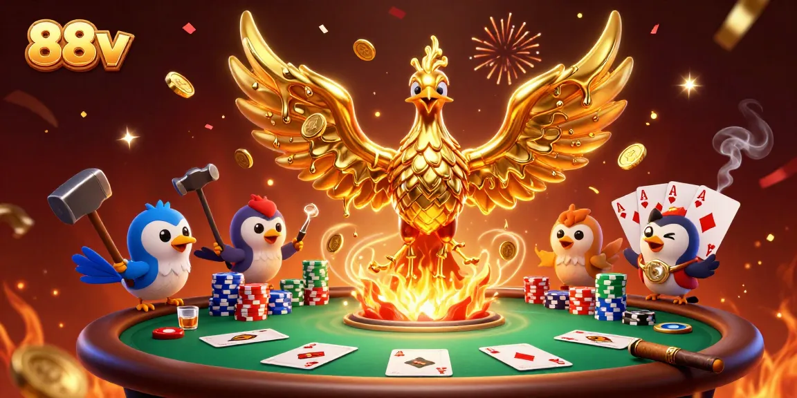 Experience the excitement of 88vv with a vibrant 3D illustration of a golden phoenix amidst casino elements.
