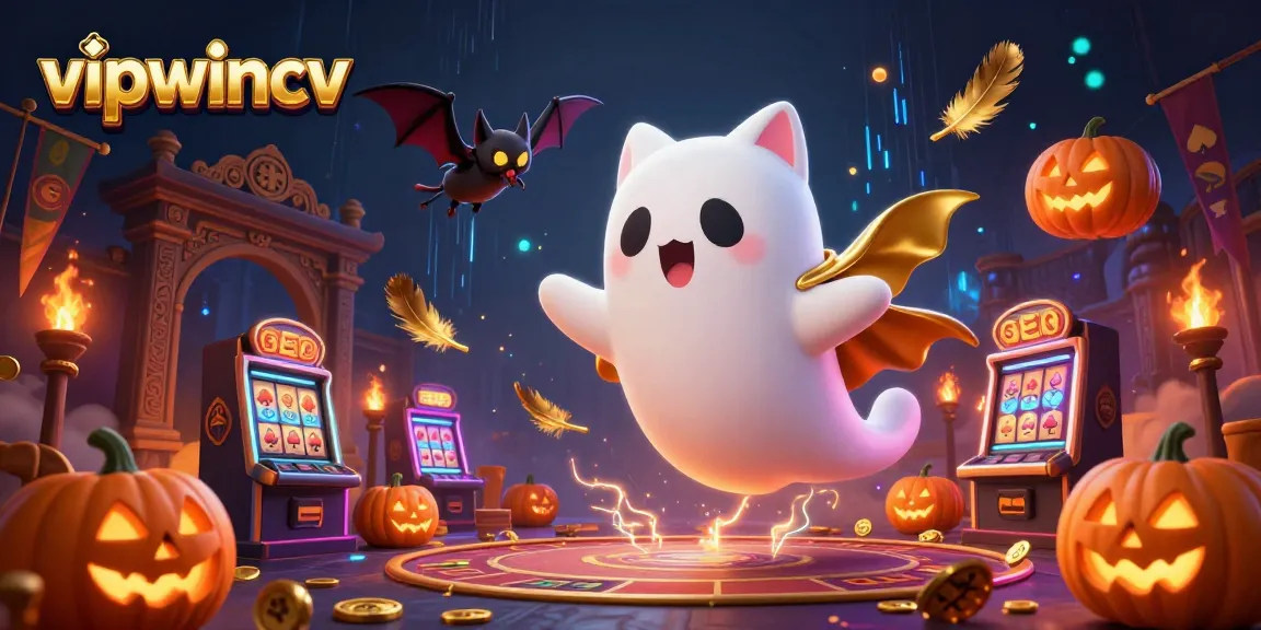 Play and win with vipwincv in a vibrant haunted casino scene featuring ghostly characters.