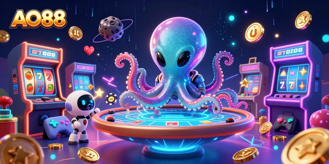 AO88's captivating alien octopus dealer plays holographic poker in a vibrant cosmic casino scene.