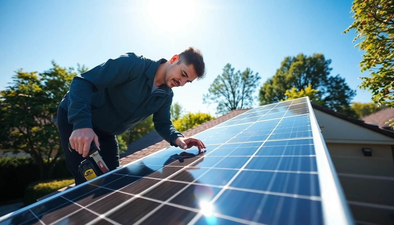 Solar repair company near me technician examining solar panels on a sunny day.