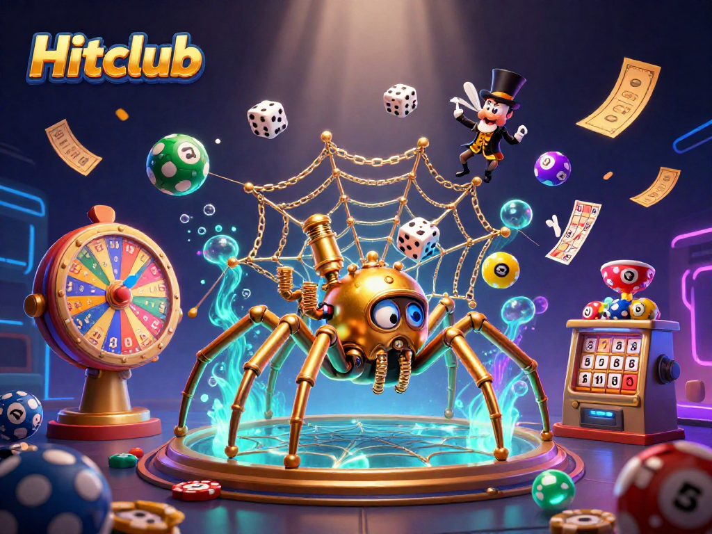 Hitclub showcases an engaging steampunk casino illustration, featuring vibrant lottery elements.