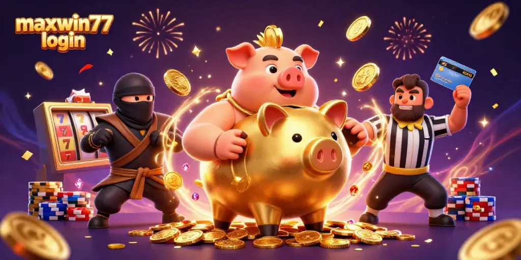 Experience maxwin77 login with an energetic scene of a piggy bank sumo wrestler and gaming elements.
