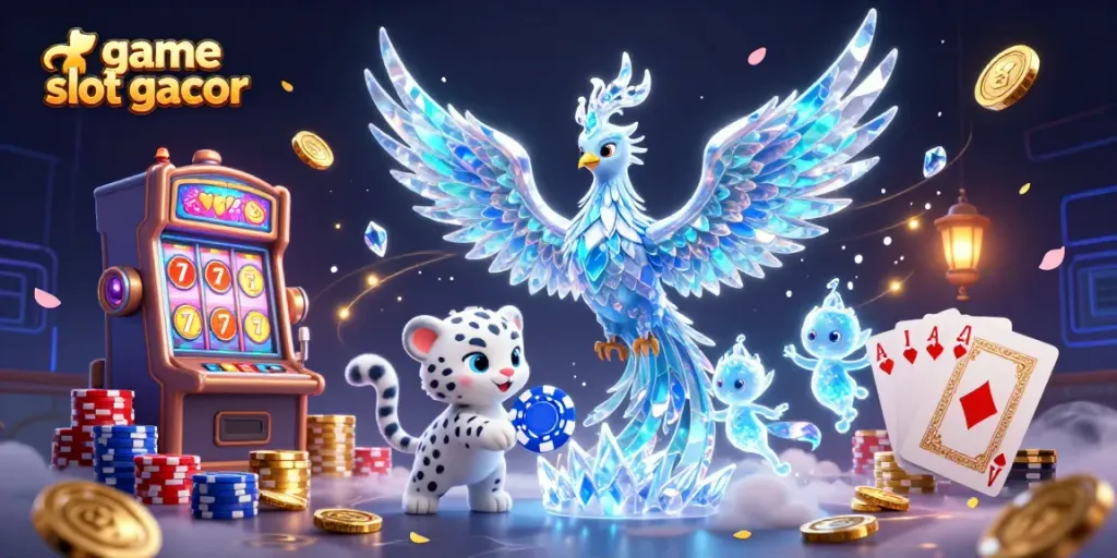 Experience game slot gacor with a vibrant casino illustration featuring a phoenix, poker chips, and lucky symbols.