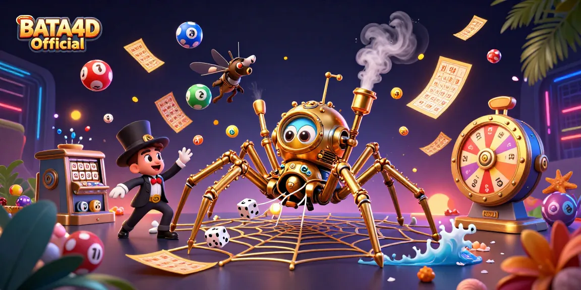 BATA4D Official showcases a lively 3D scene with a steampunk spider and lottery elements, embodying online gambling excitement.