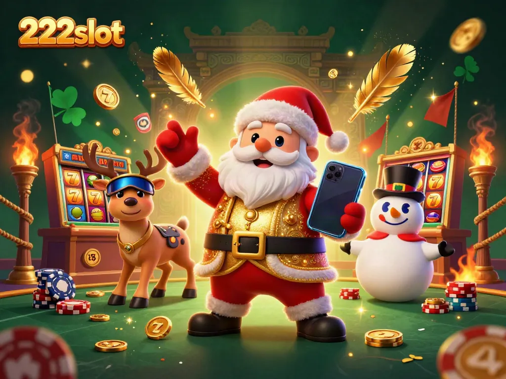 Memenangkan jackpot di 222slot dengan ilustrasi Santa Claus dan teman-temannya beraksi di kasino.
