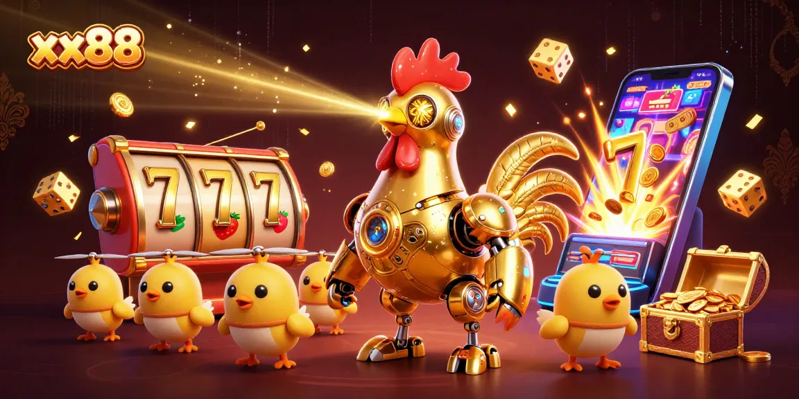 Experience big wins at xx88 with a retro-futuristic golden rooster in a captivating casino scene.
