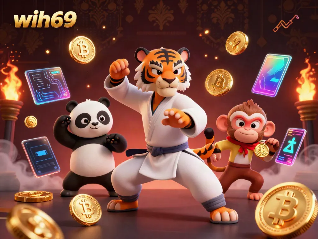 Gambarkan wih69 dengan karakter kung fu dan elemen kasino 3D di tengah permainan yang seru.