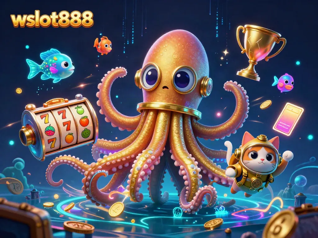 Gambarlah wslot888 yang menampilkan kraken dan ikan laut bersinar di dunia kasino digital.