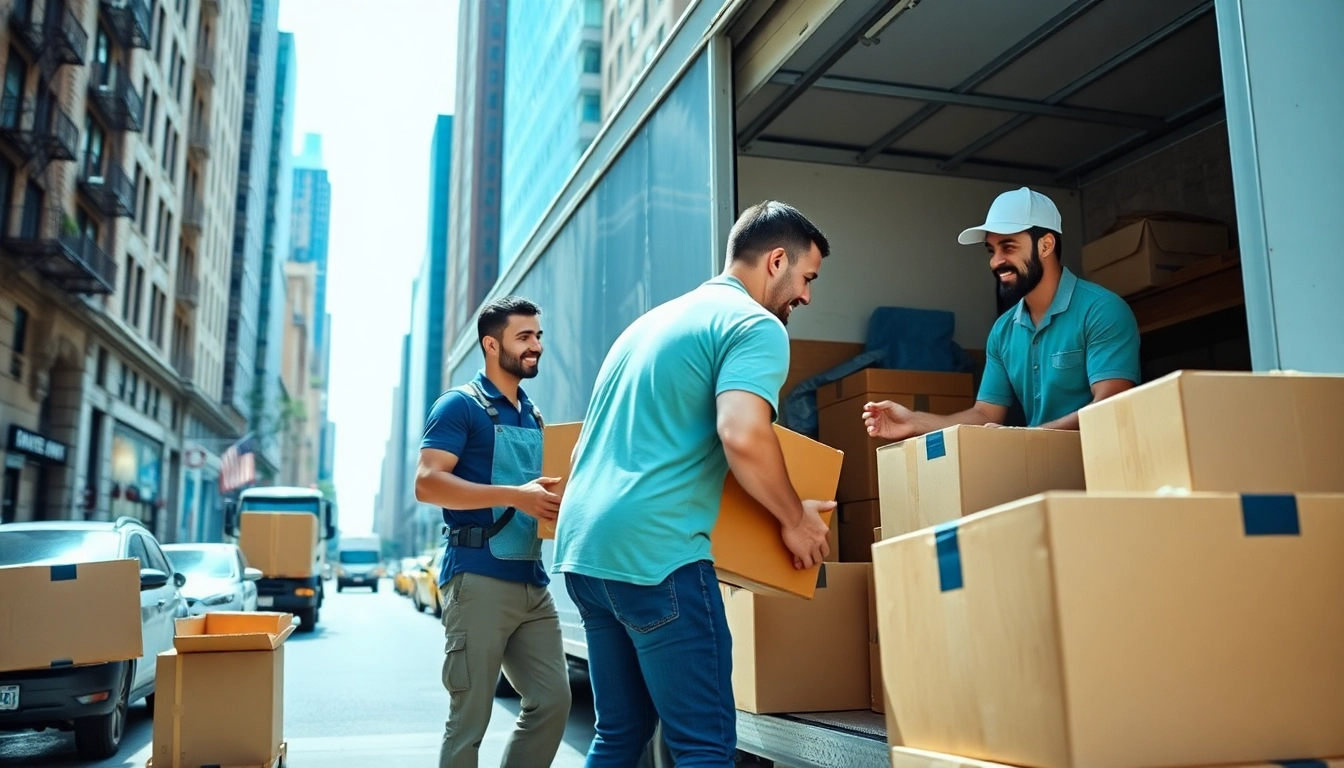 Professional movers executing a new york moving service, efficiently packing and loading boxes.