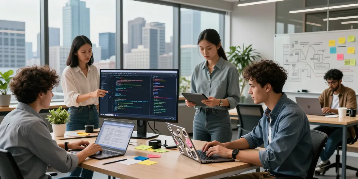 Collaborative software development team at https://www.bdtjl.app/ coding in a modern workspace with dynamic elements.