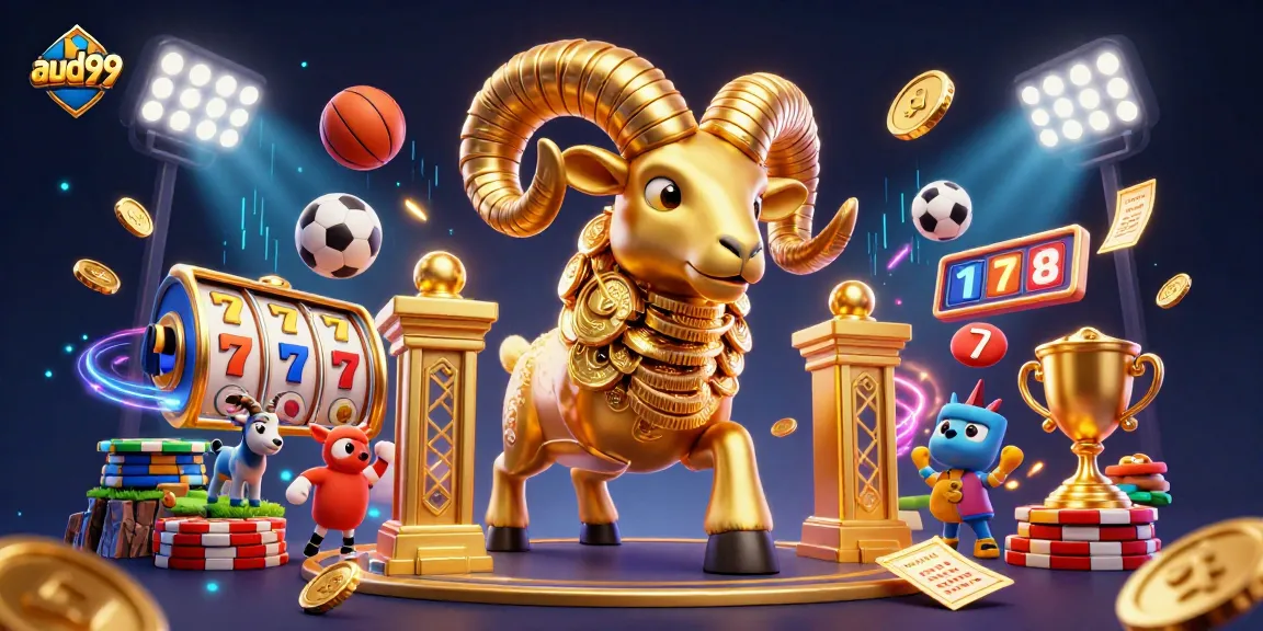 Experience aud99 online gaming excitement with a golden ram charging through jackpot elements.