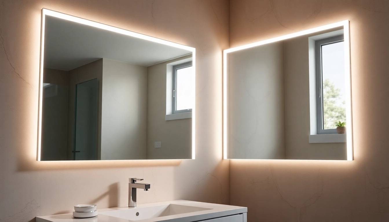 Showcasing stylish bathroom mirrors with lights reflecting a modern bathroom design.