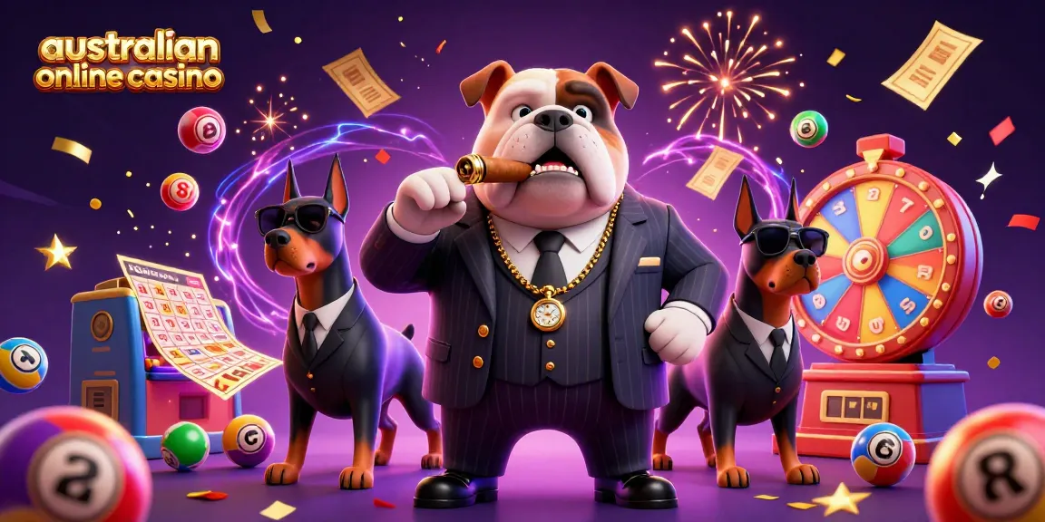 Engage with the colorful action at australianonlinecasino with a mafia-styled graphic featuring vibrant winning elements.