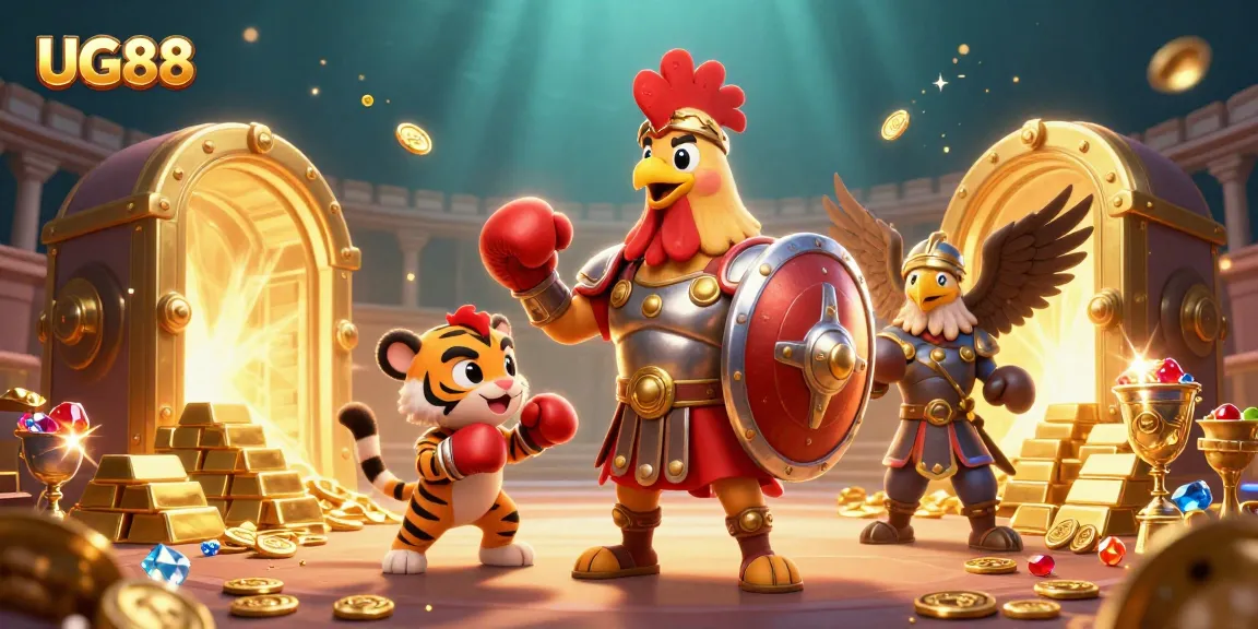 Experience thrilling fights at UG88 with a gladiator rooster and jewels in a 3D digital casino.