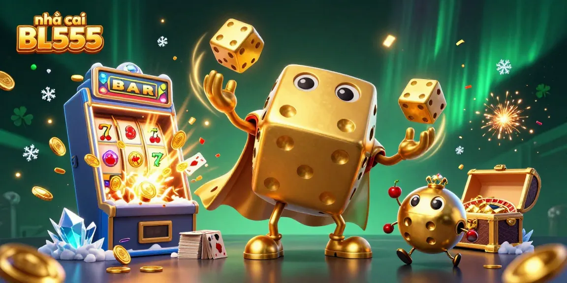 Play games at nhà cái BL555 with an exciting golden dice character juggling dice amidst a jackpot explosion.