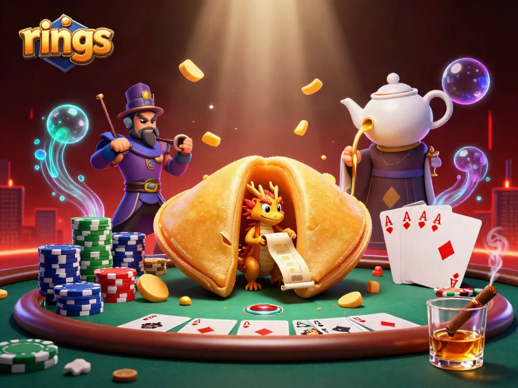 Engage with stunning rings in a vibrant casino scene featuring golden elements and poker themes.