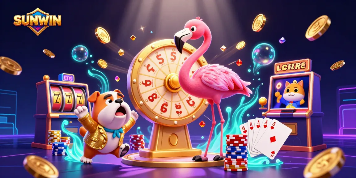 SUNWIN casino gaming scene with vibrant characters, spinning prize wheel, and winning slots.