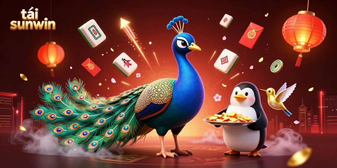 Engage with tải sunwin in this vibrant 3D illustration featuring a peacock, a butler penguin, and a hummingbird.
