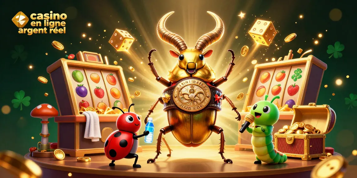 Illustration dynamique de casino en ligne argent réel avec un scarabée géant et une machine à sous.