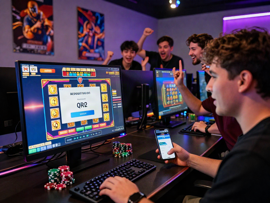 Player engaging in online gaming with slot deposit qris option visible, colorful atmosphere and friends nearby