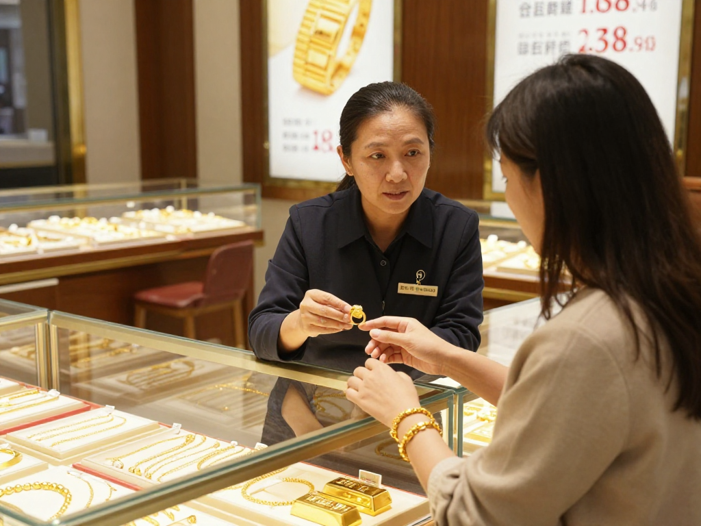 Gold specialist advising clients in a luxury jewelry shop on mantra88 gold purchases, surrounded by sparkling jewelry.