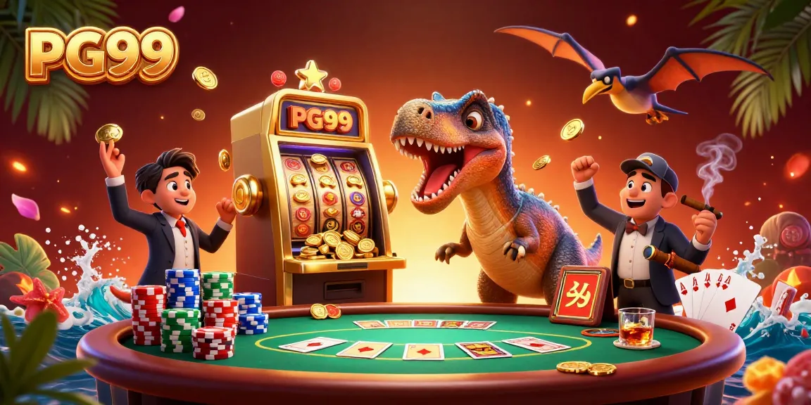 PG99 casino illustration featuring a dinosaur hitting a slot machine for jackpot coins, capturing casino excitement.