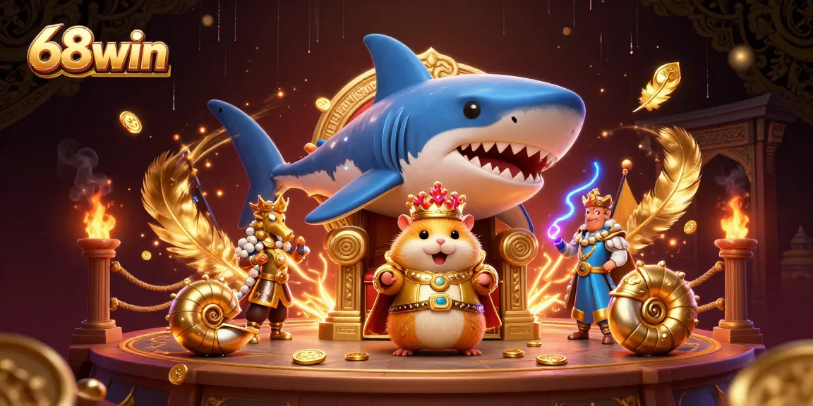 Experience thrilling gaming with 68win's golden hamster king and seahorse guards in a dramatic casino battle scene.