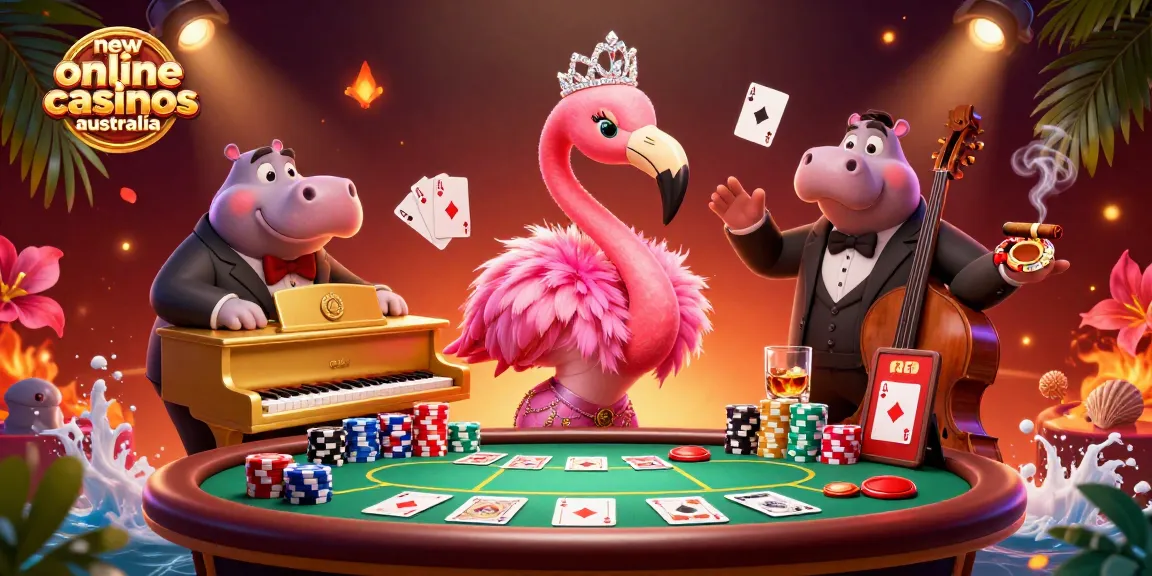 Join the excitement in new online casinos australia, featuring a flamingo performer and a hippo bassist amidst dynamic gaming elements.