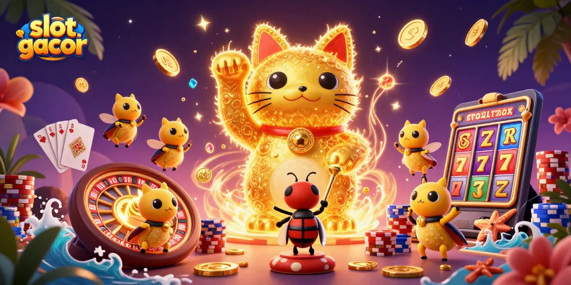 Experience thrilling wins with slot gacor's lucky cat symbolizing joy and fortune in a vibrant casino setting.