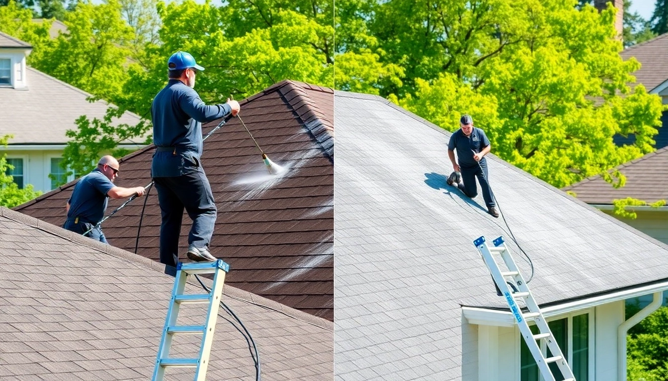 Roof cleaning professionals effectively removing debris and stains from a roof.