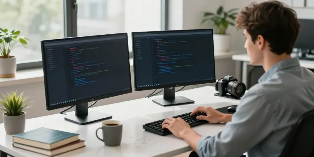 v2rayN官网 software development scene with a focused developer coding in a modern workspace