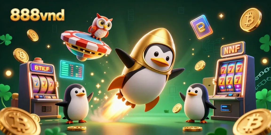 Engage with 888vnd's captivating casino experience featuring a golden penguin and gaming elements.