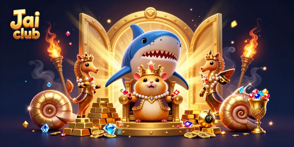 Experience excitement at Jai club with a golden hamster king on a megalodon throne amidst treasure.