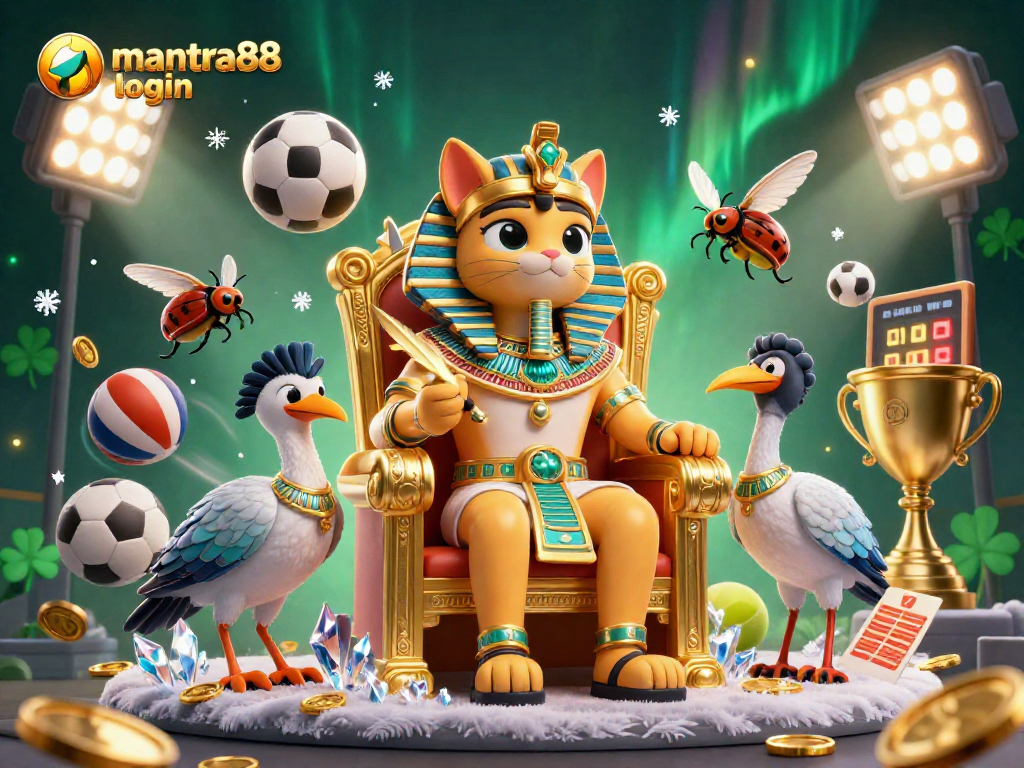 Experience the excitement of mantra88 login with an enchanting scene featuring rolling sports balls and cartoon characters in a lavish setting.
