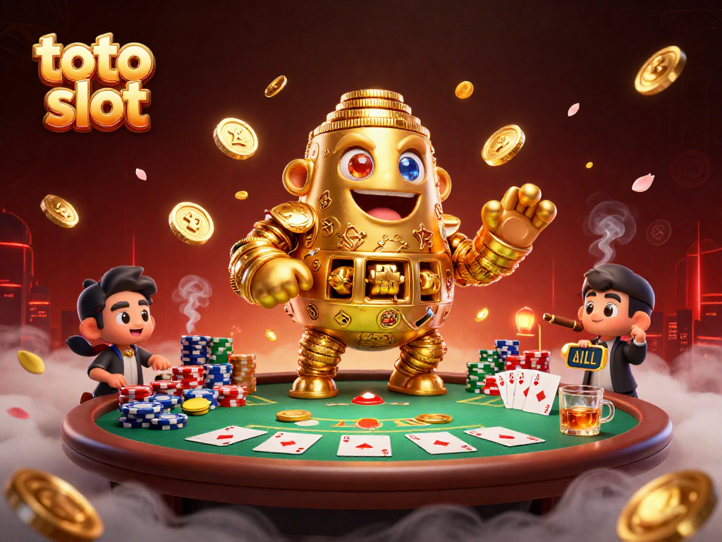 Permainan toto slot menonjol dalam ilustrasi golem berukuran besar dikelilingi chip poker dan kartu.